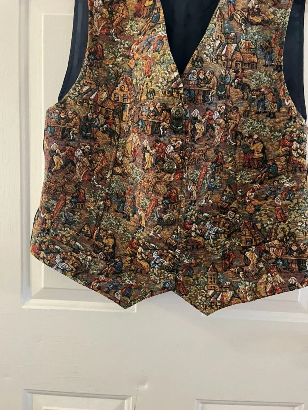 Gobelins Art Creations Medieval Tapestry Brussels Village Scene Vest Sz XXL